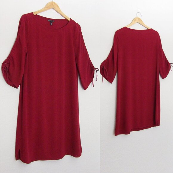 Eileen Fisher 100% Silk Ruched Sleeve Shift Dress In Dark Tulip S Burgundy $378 - Picture 5 of 15